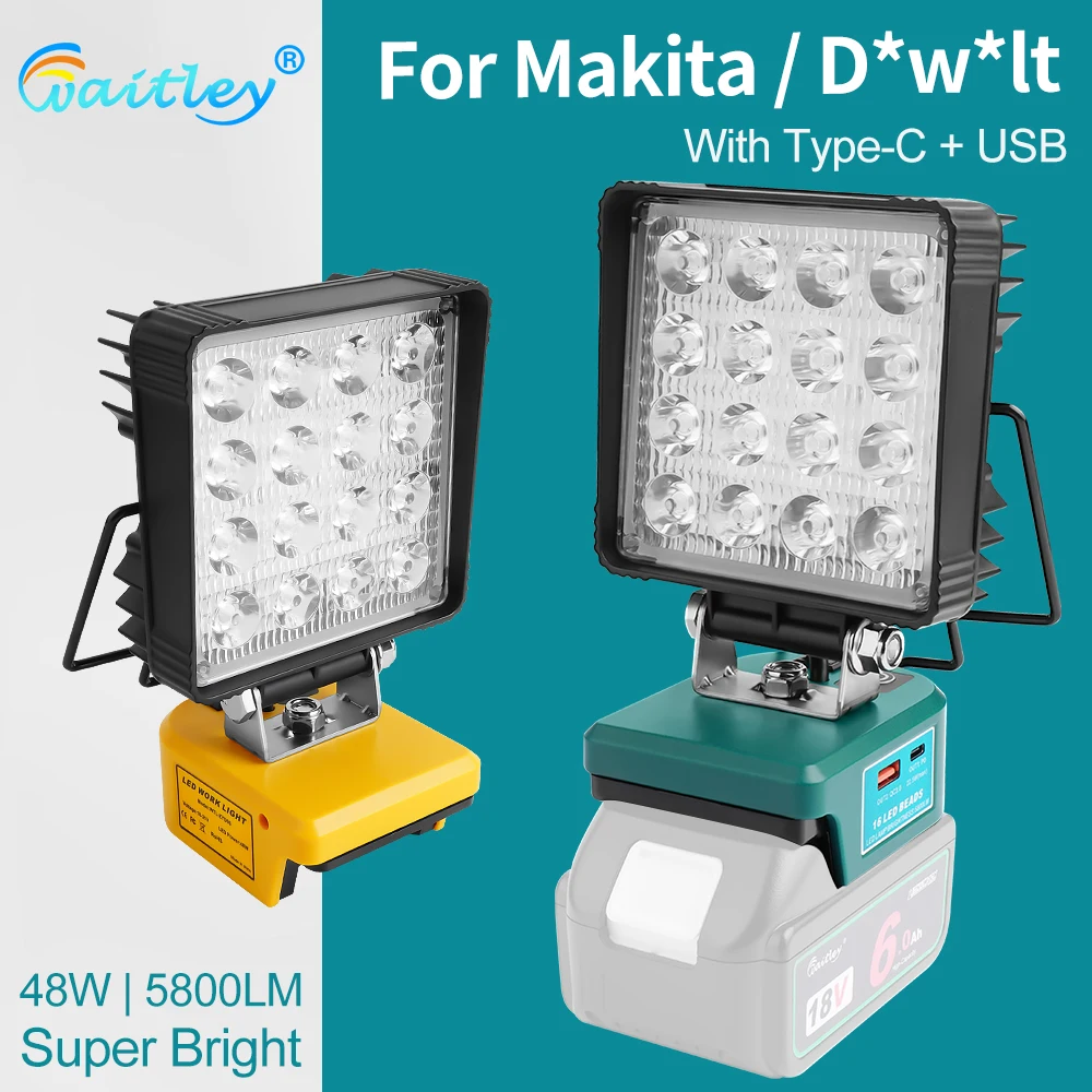 waitley-led-ワークライト-マキタ-18v-バッテリー用-ポータブル-アウトドア-投光器-キャンプランプ-bl1860-外部プラグと-d-w-lt-20v-ピン
