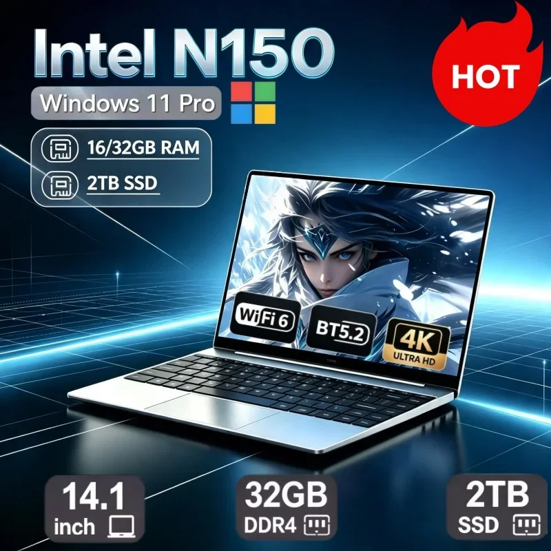 14.1" Ultra Slim Laptop Intel N150 Notebook PC Windows 11 32GB RAM 2TB SSD High Speed Computer For Office Study Daily Work