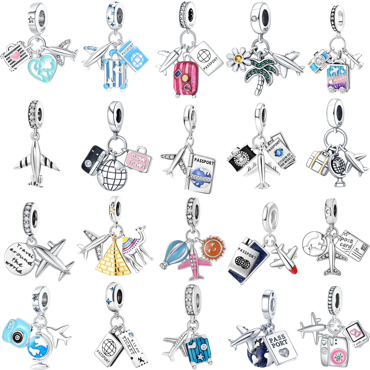 

Original 925 Charms Sterling Silver Travel Airplane Luggage Camera Globe Pendant for Pandora DIY Bracelet Ladies Jewelry Gift