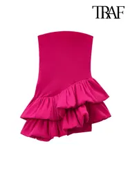 TRAF-Strapless Ruffled Mini Dress for Women, Straight Neck, Asymmetric, Female Dresses, Sexy Fashion