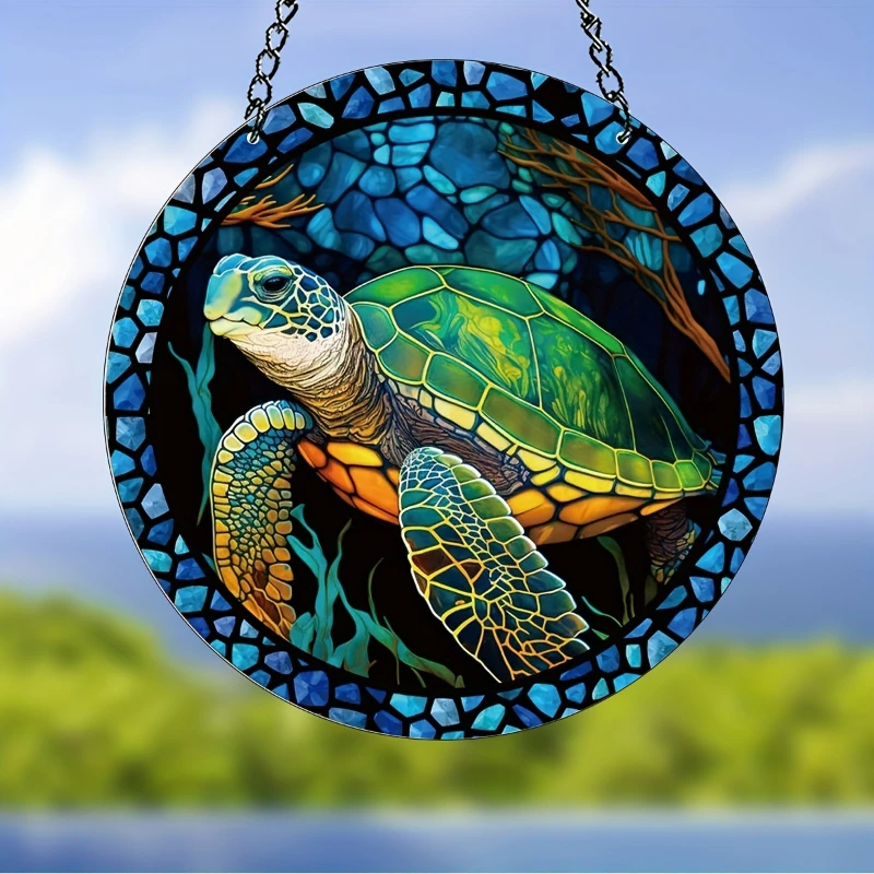 Autumn Turtle Stained Suncatcher Window Hanging Sea Turtle Art Decor Housewarming Gift Garden Wreath Sign for Mom Grandma Women