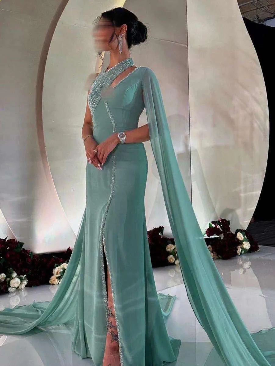 

Vintage Green Evening Dresses One Shoulder Glitter Beads Prom Gowns Elegant Floor Length Customized Special Occasion Dresses