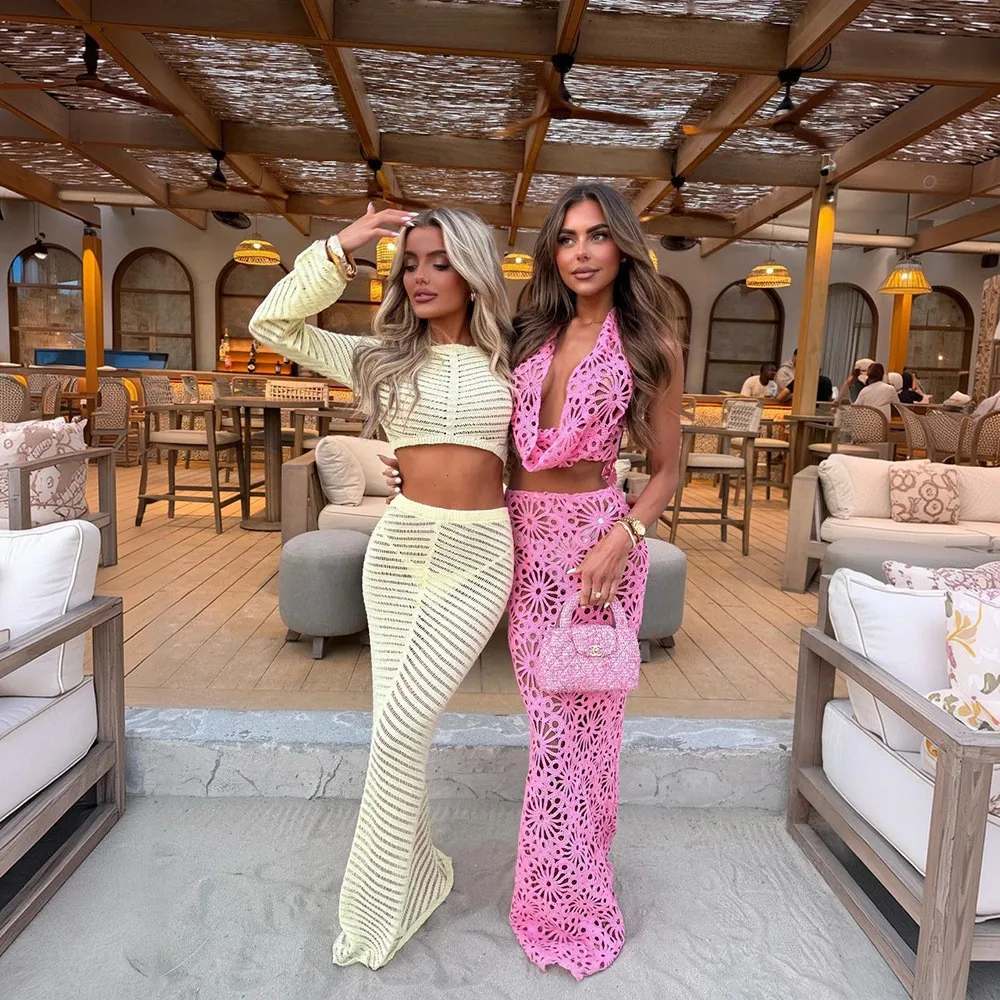 Beach Cover Up Set Swimwear Openwork Beach Dress Swimming Bikini Sun Protection Swimwear Set with Cover Up Women Swimsuit