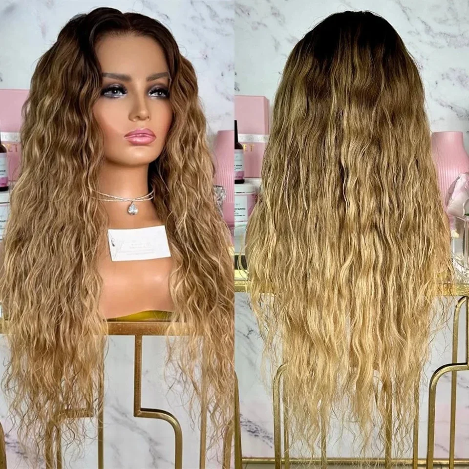 

Ombre Блондинка Мягкий 26 дюймов Длина 180 Плотность Кудрявый Глубокий Парик Фронта Шнурка Для Женщин Детские Волосы Бесклеевые Синтетические Предварительно Сорванные Ежедневно