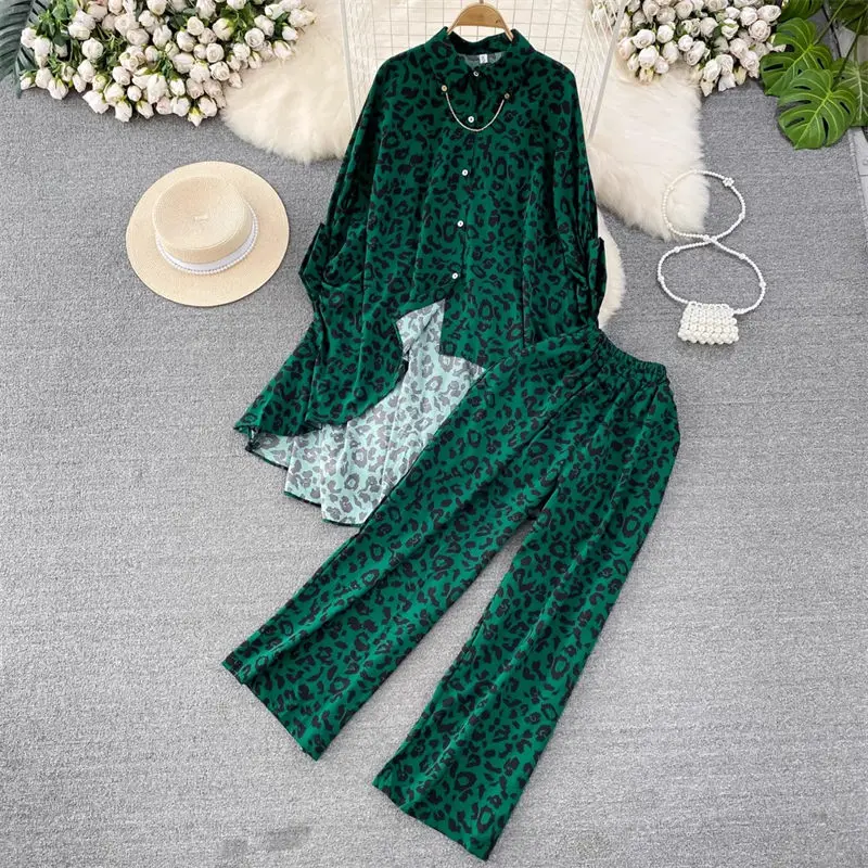

Fashion Suits Women's Korean Bat Sleeve Loose Irregular Single Breasted Leopard Pattern Shirt Two Piece Set Pants Outfits Z1651