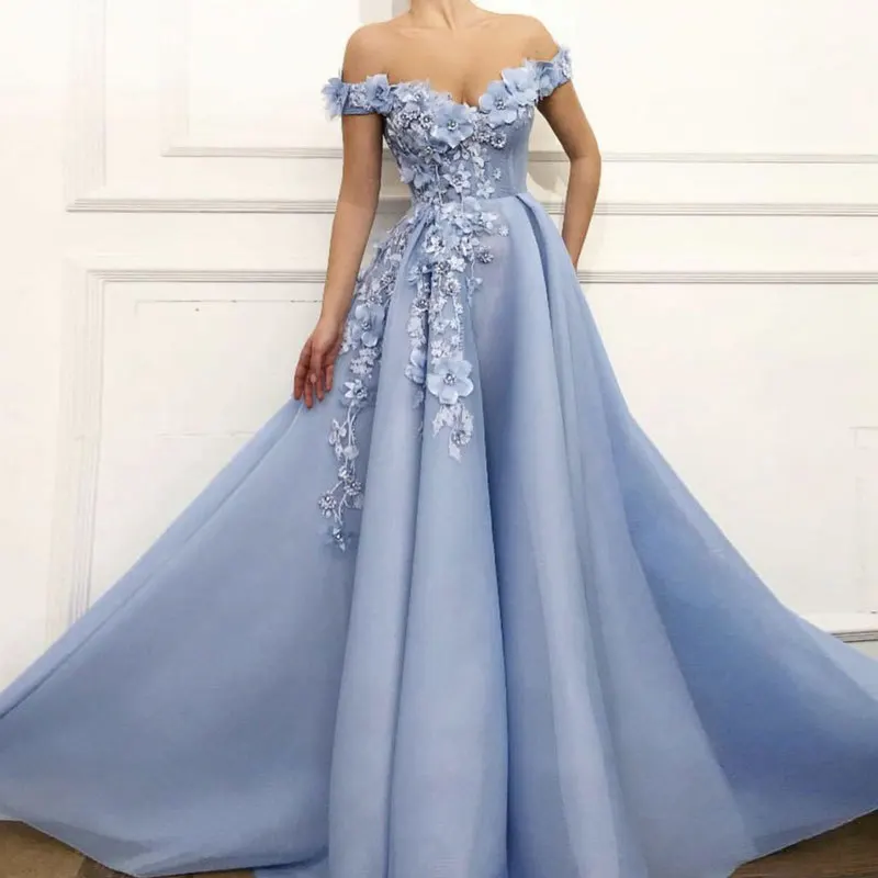 

Customized A Line Women Evening Dresses 3D Flowers Off The Shoulder V Neck Prom Party Gowns Vestido De Noche robes de soirée
