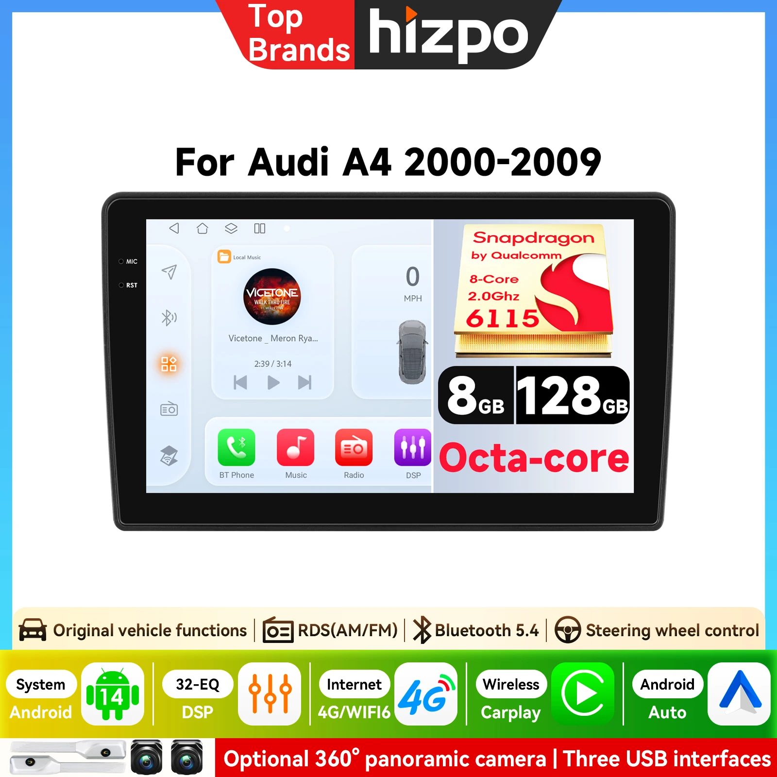 9'' 4G-LTE Carplay Android Auto 6115 Bildschirm Autoradio Multimedia-Player für Audi A4 B6 B7 S4 RS4 2000-2009 Auto Radio Stereo RDS
