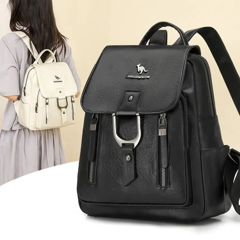 Women's Large Capacity Pu Fabric Texture Commuting Waterproof Travel Anti-Theft Backpack Retro White Bag Crossbody Pack