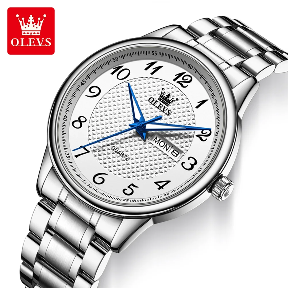 

Мужские часы OLEVS 5667, импортный кварцевый механизм, водонепроницаемые, светящиеся, с браслетом из нержавеющей стали, деловые наручные часы с отображением даты и дня недели
