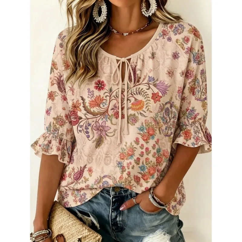 Summer new women's bell-sleeve shirt with vintage ethnic-style print, tie-neck and drawstring details, women's casual top for In