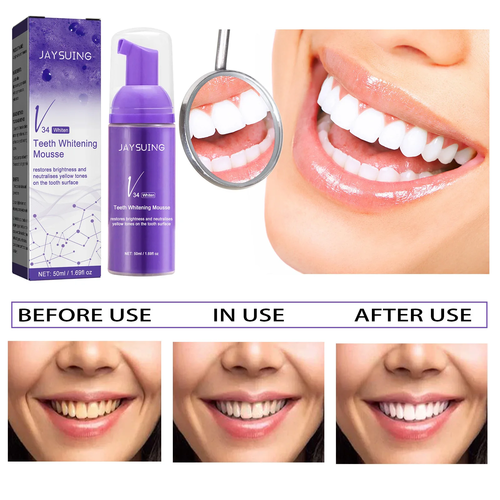 Dentifrice en mousse violet, V34, blanchiment des dents jaunes, remodelage des dents, SAF, livres d\'hygiène buccale