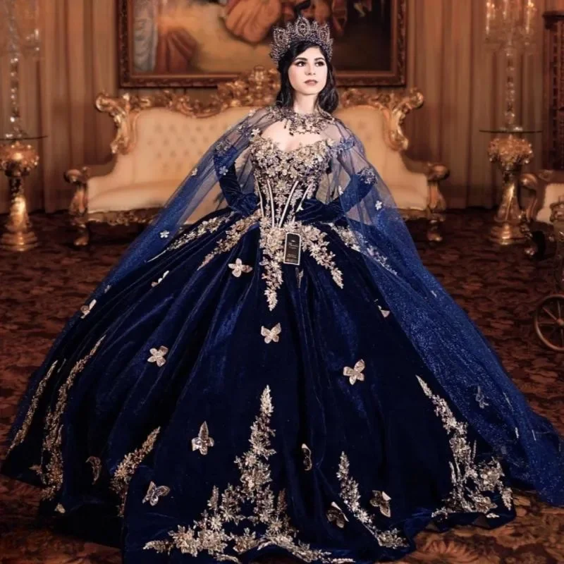 Navy Blue Customized  Quinceanera Dresses Ball Gown  Butterfly Applique Beads With Cape Corset Sweet 16 Dress Vestido De 15 Anos