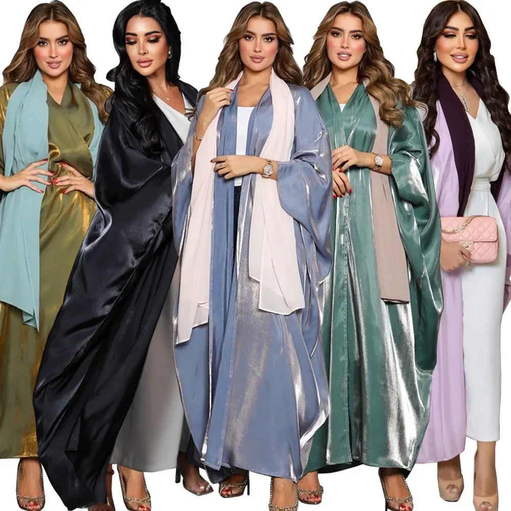 

Eid Shiny Satin Open Abaya Kimono Muslim Dress Kaftan Batwing Sleeve Women Turkey Dresses Dubai Islamic Modest Jalabiya Clothing