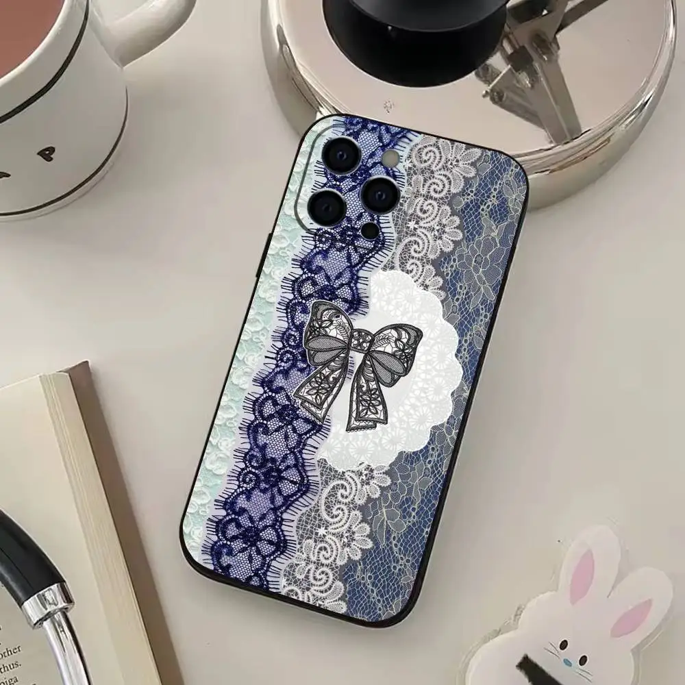 Lace Texture Print Phone Case For iPhone 17,16,15,14,13,12,11 Plus,Pro Max,XS,Soft Black Cover