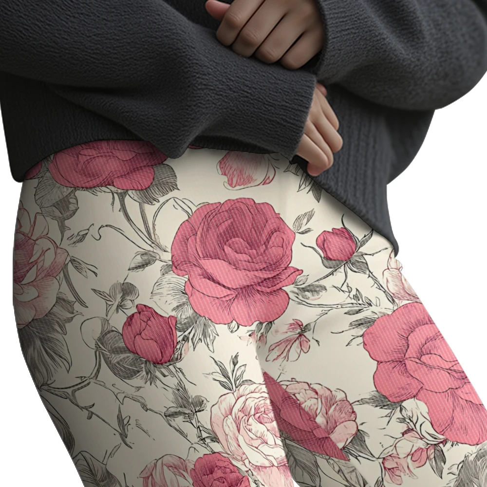 المرأة الحلو الجمالية روز طباعة طماق 8-Wale نحى الشتاء الجوارب الأزهار نمط بناطيل تدفئة المؤنث الخريف الشتاء نظرة #4