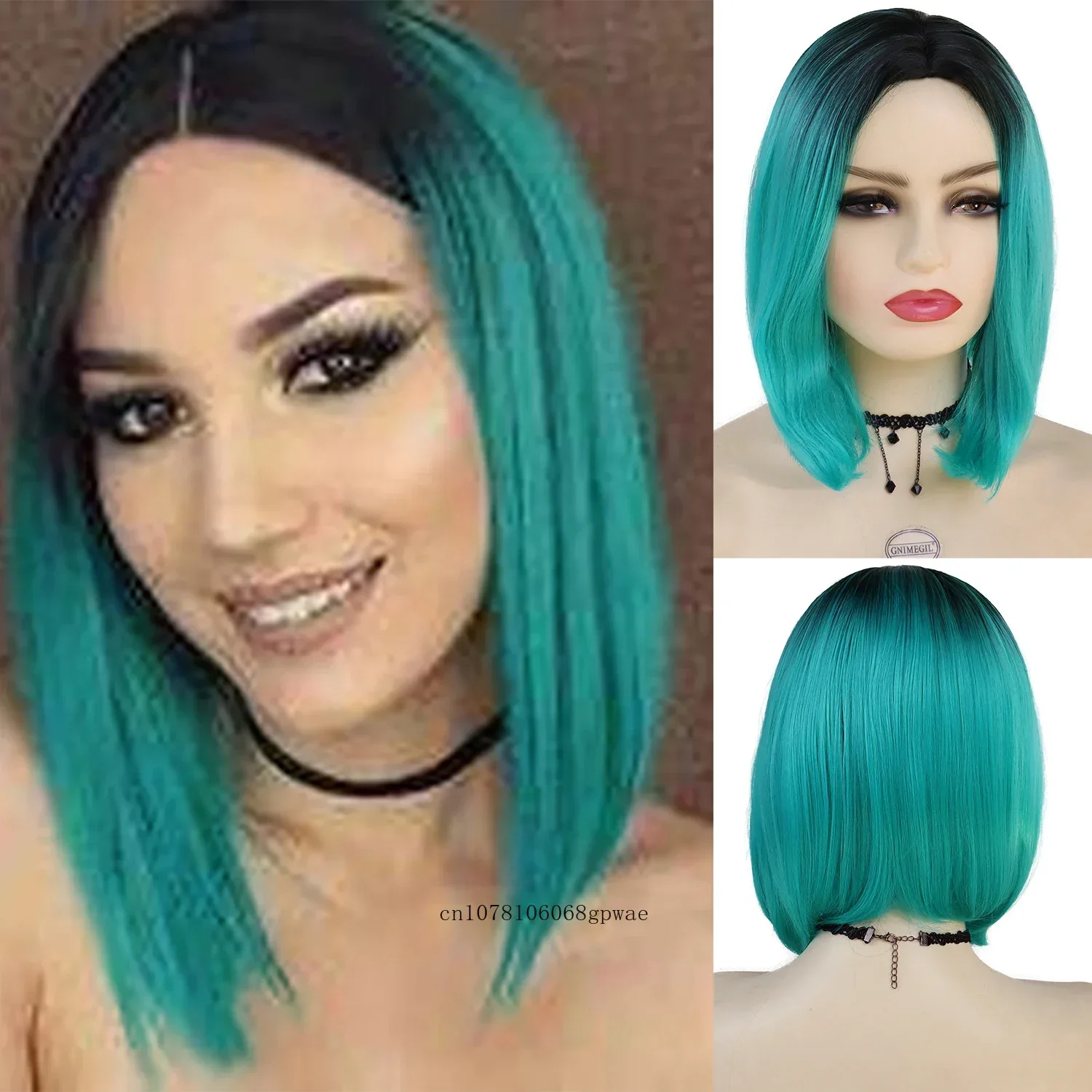 Peluca Bob corto Natural sintética para mujer, pelucas cian ombré de raíz oscura para Cosplay, fiesta de Halloween, pelo suave y transpirable