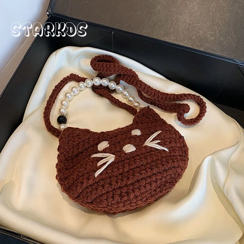 Cute Cat Crochet Bag For Kids Girls 2024 Autumn New knitted Cartoon Animal Crossboday Bag Toddler Child Pearl Handbag