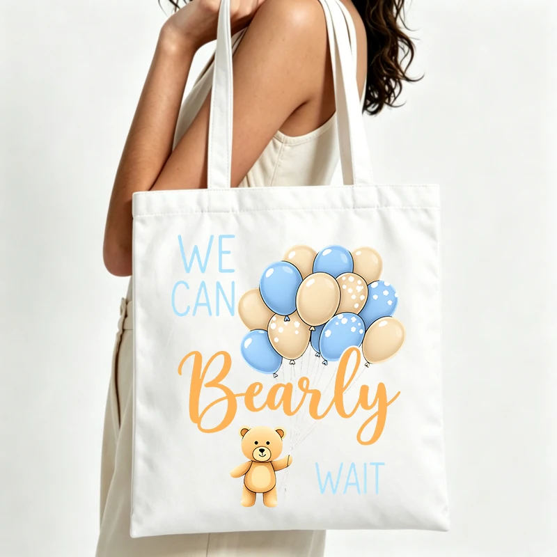 canvas tote bag with balloon and teddy bear graphic, casual style for daily shopping and baby shower outings