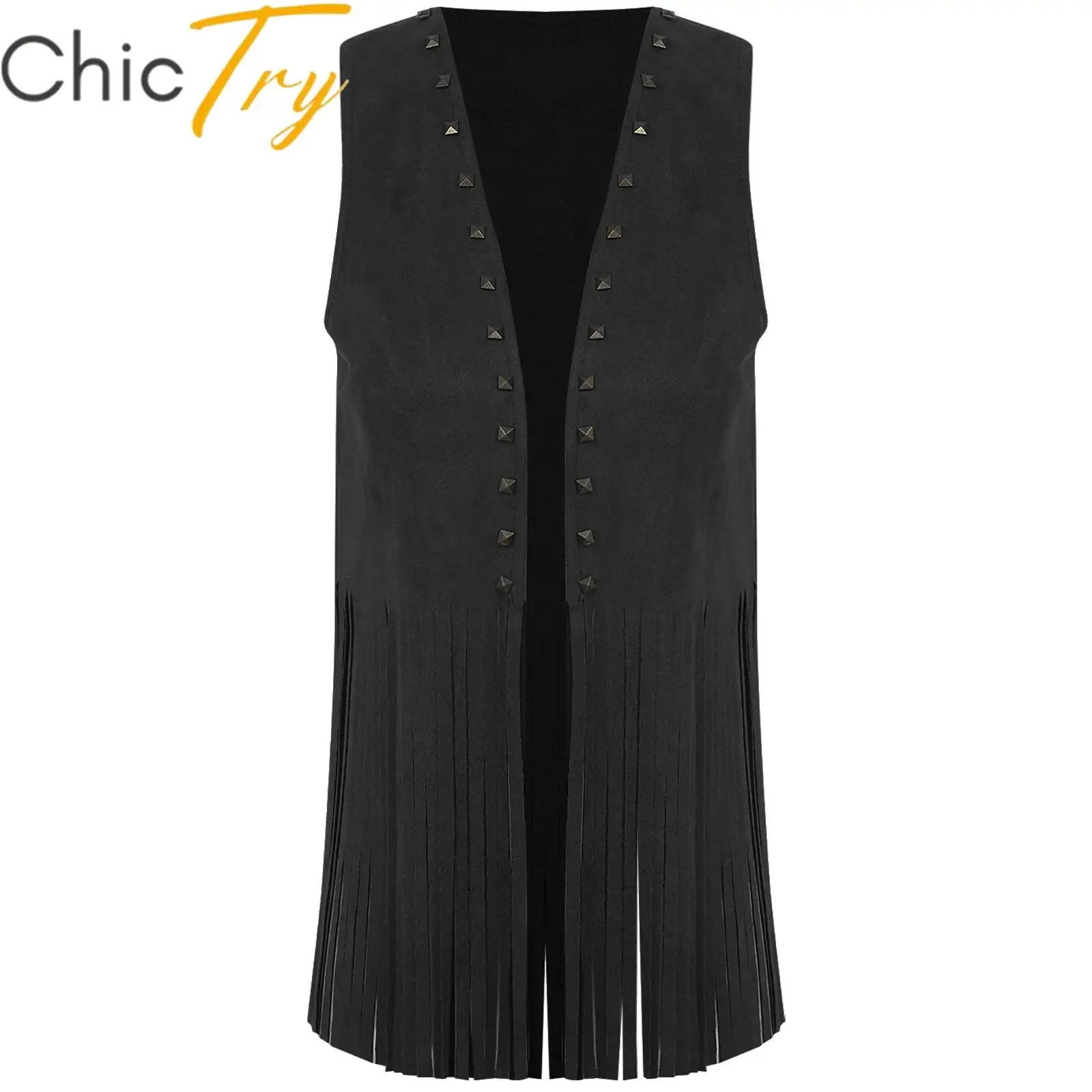 

Mens Western Cowboy Cosplay Costume Fringe Faux Suede Vest Sleeveless Open Front Rivets Tassel Waistcoat Tank Top Stage Dress Up
