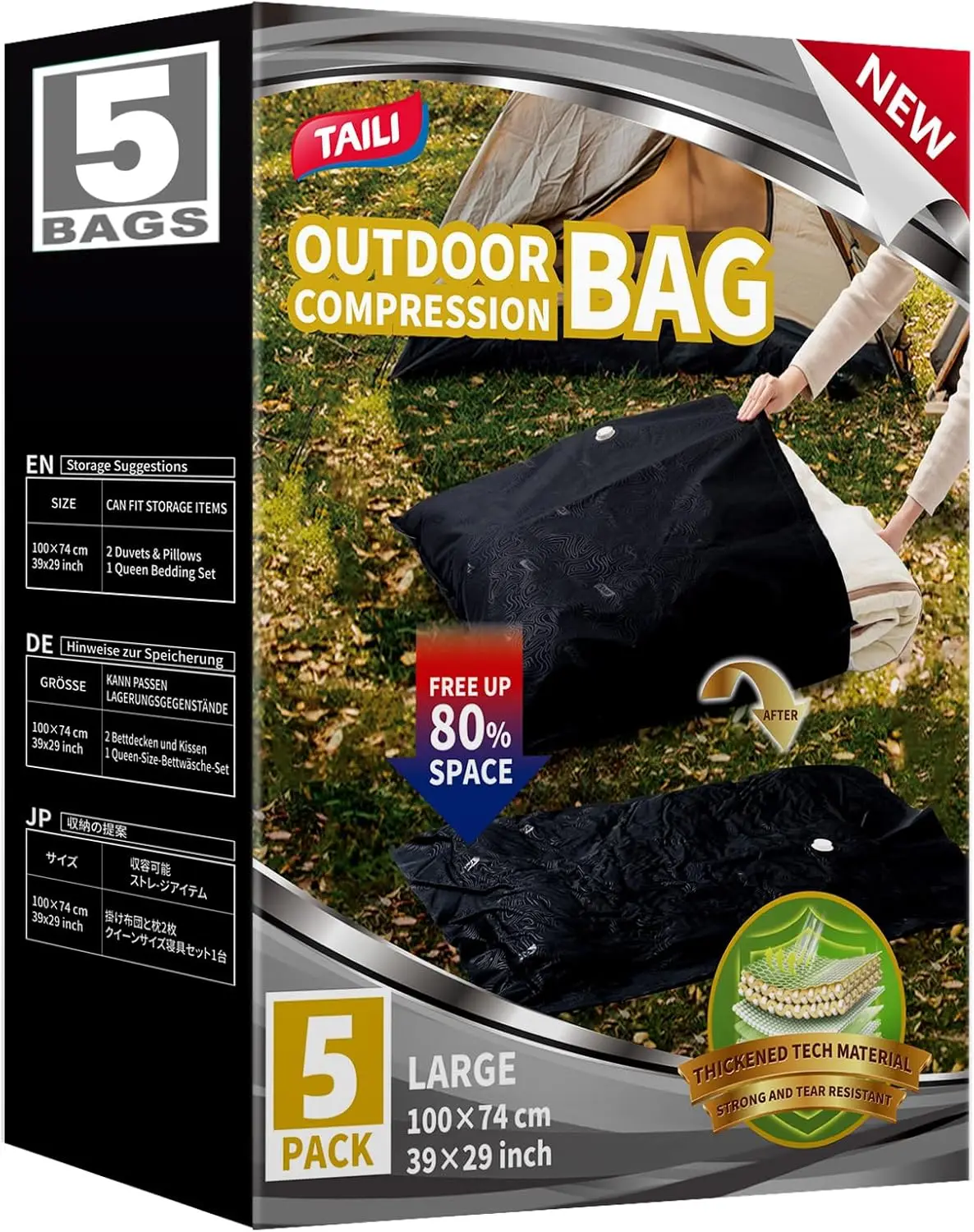 

5-Pack Outdoor Vacuum Storage Bags, Large Compression for Camping Gear, Waterproof and Durable