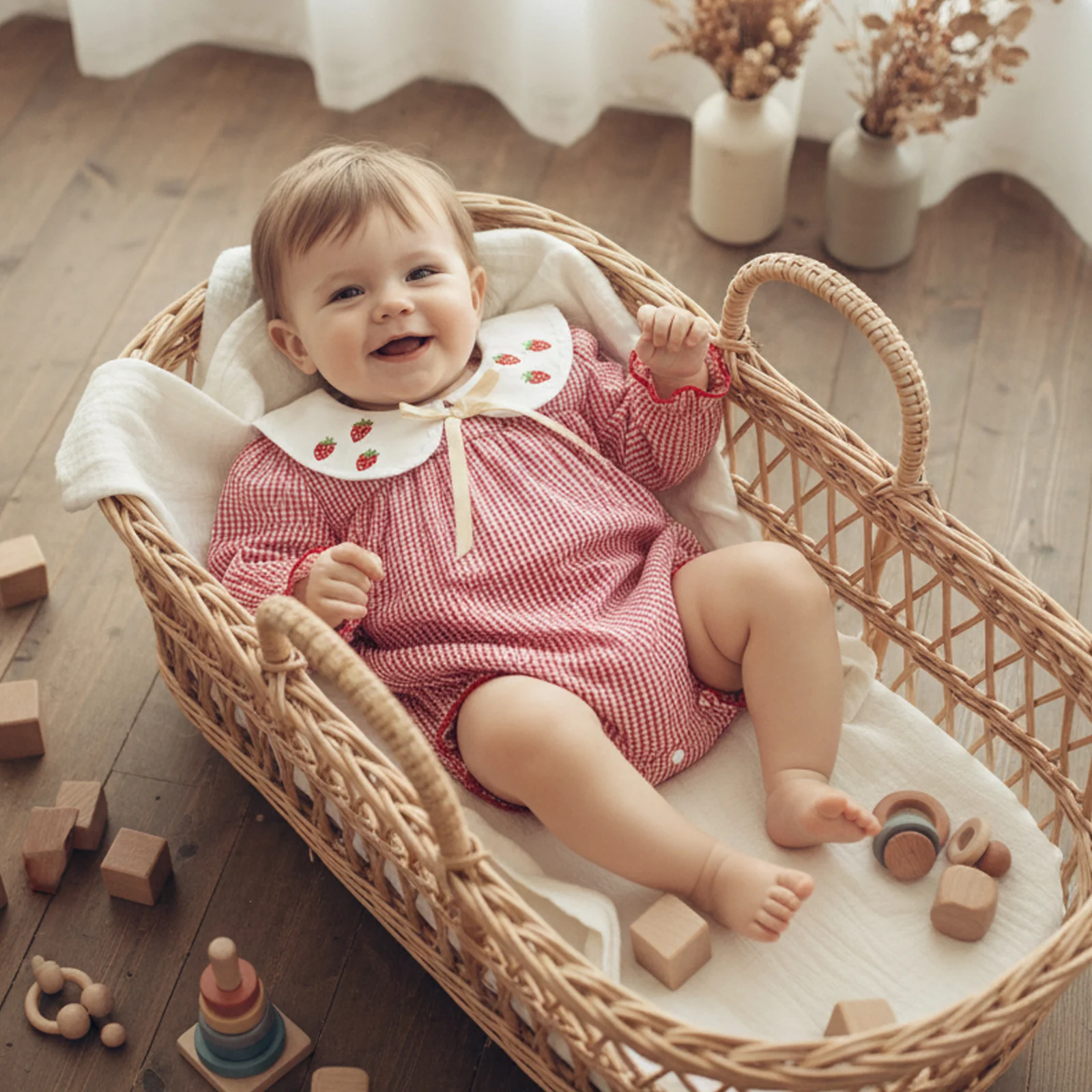 Infant Baby Girl Spring Fall Casual Romper Long Sleeve Doll Collar Bow Decor Strawberry Embroidery Plaid Jumpsuit