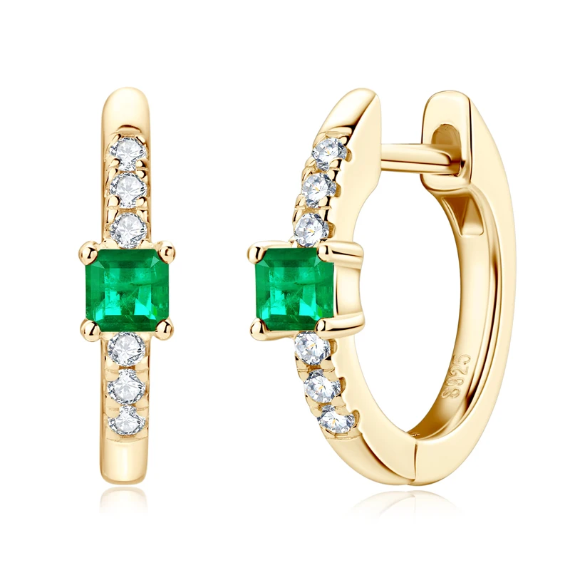 925 Sterling Silver Plated 14K Gold Ladies Hoop Earring 3x3mm Square Artificial Emerald Vintage Earrings for Women Jewelry Gift