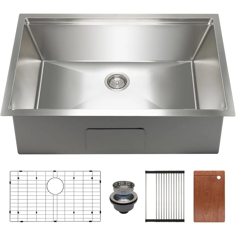 

Stainless Steel 32x19 Inch Single Bowl Undermount Kitchen Sink with Cutting Board, Grid Drain, and Accessories