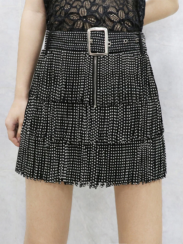 Tassel Heavy Work Rhinestone Waist Belt Multi Layer Cake Skirt a Line Skirt Half Body Skirt European Style Cotton Denim Skirt