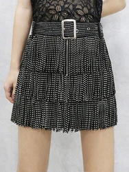 Tassel Heavy Work Rhinestone Waist Belt Multi Layer Cake Skirt a Line Skirt Half Body Skirt European Style Cotton Denim Skirt