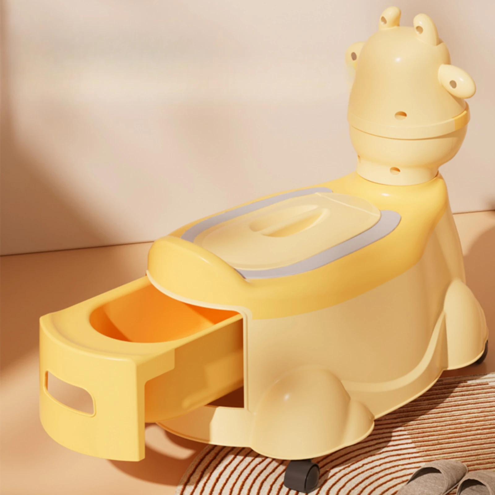 Animal-Shaped Child Potty Easy to Clean Rolling Potty with Caster Wheels Compact Fun Design for Toddlers, Home Use, Bathroom