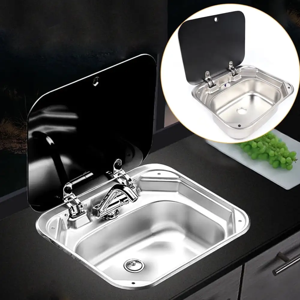 Stainless Steel RV Caravan Sink, Drop-in Single Bowl Hand-Wash Sink with Cover for Outdoor/Indoor 16.7*14.7*5.9 inches