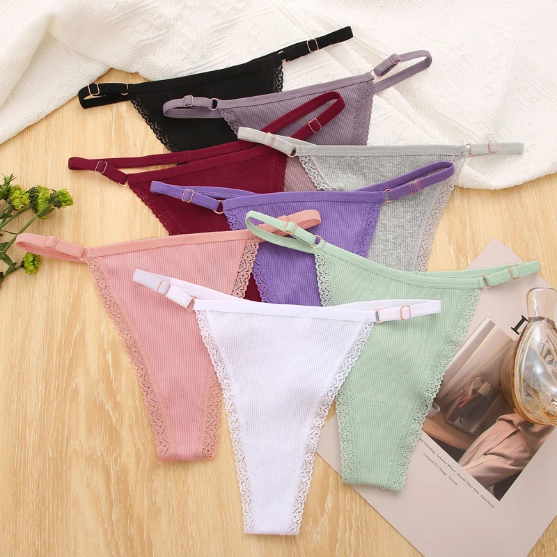 FINETOO 4Pcs/set Women Cotton Thongs Adjustable Waistband Underwear Low-Rise Sexy G-string Panties Ladies Soft Bikini Underpants