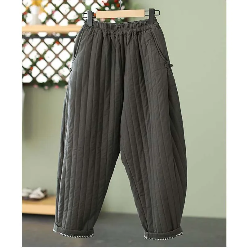 

2026 Vertical line pressed Solid Cotton padded Women's Warm Pants Autumn Winter Elastic waist band Buckle Casual Carrot trousers
