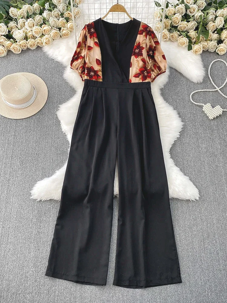 Verão feminino com decote em v manga bolha macacão de cintura alta nova moda praia férias temperamento casual calças largas perna c310