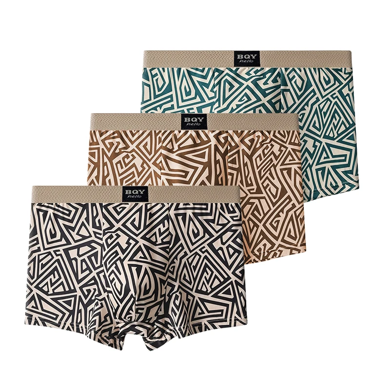 

3Pieces Of Retro Geometric Printed Flat Corner Underwear For Men Thin Soft Comfortable Breathable Men's Four Corner Underwear