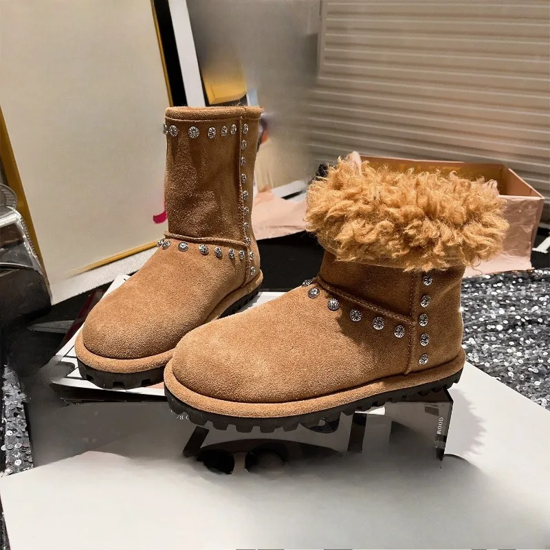 

Riveted Snow Boots Winter New Round Toe Sleeve Soft Sole Anti-slip Wear-resistant Cotton Shoes