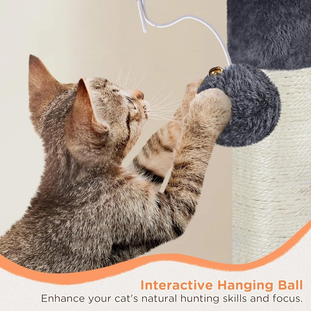 57in Multi-Level Cat Tree Tower with Extended Platform, Padded Perch, Scratching Posts & Ball for Large Cats