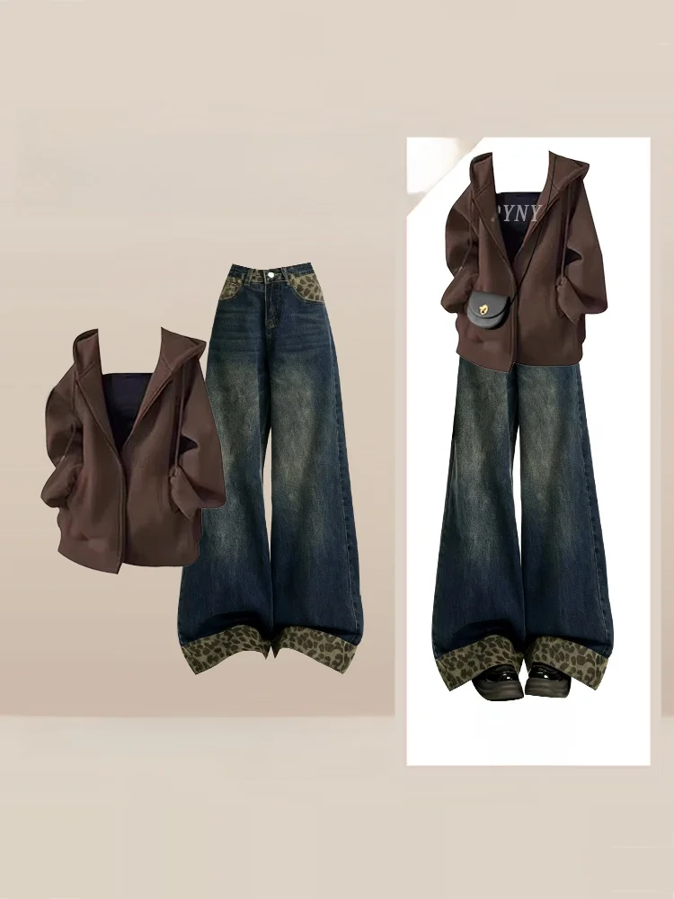 

Ретро-комплект для женщин на осень-зиму: джинсы с широкими штанинами и леопардовым принтом, худи и толстовка, повседневный комплект из трех предметов.