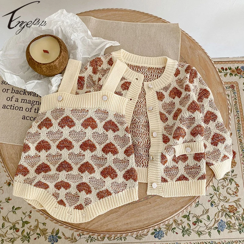 

Valentine's Day Baby Girls Loving Suit Toddler Baby Knitted Long Sleeves Cardigan+Rompers Girls Spring Autumn Soft Clothing