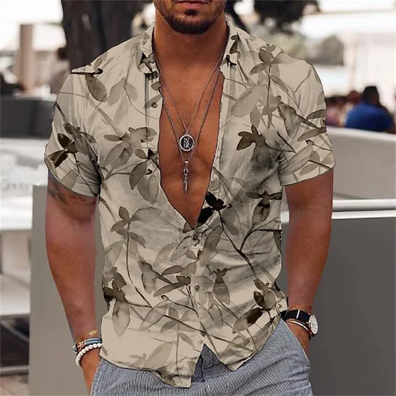 Men's Black and Gold Flower Shirts 2026 New Summer Plant 3D Print Design Version Lapel Shirt Hawaii-style Beach Essentials