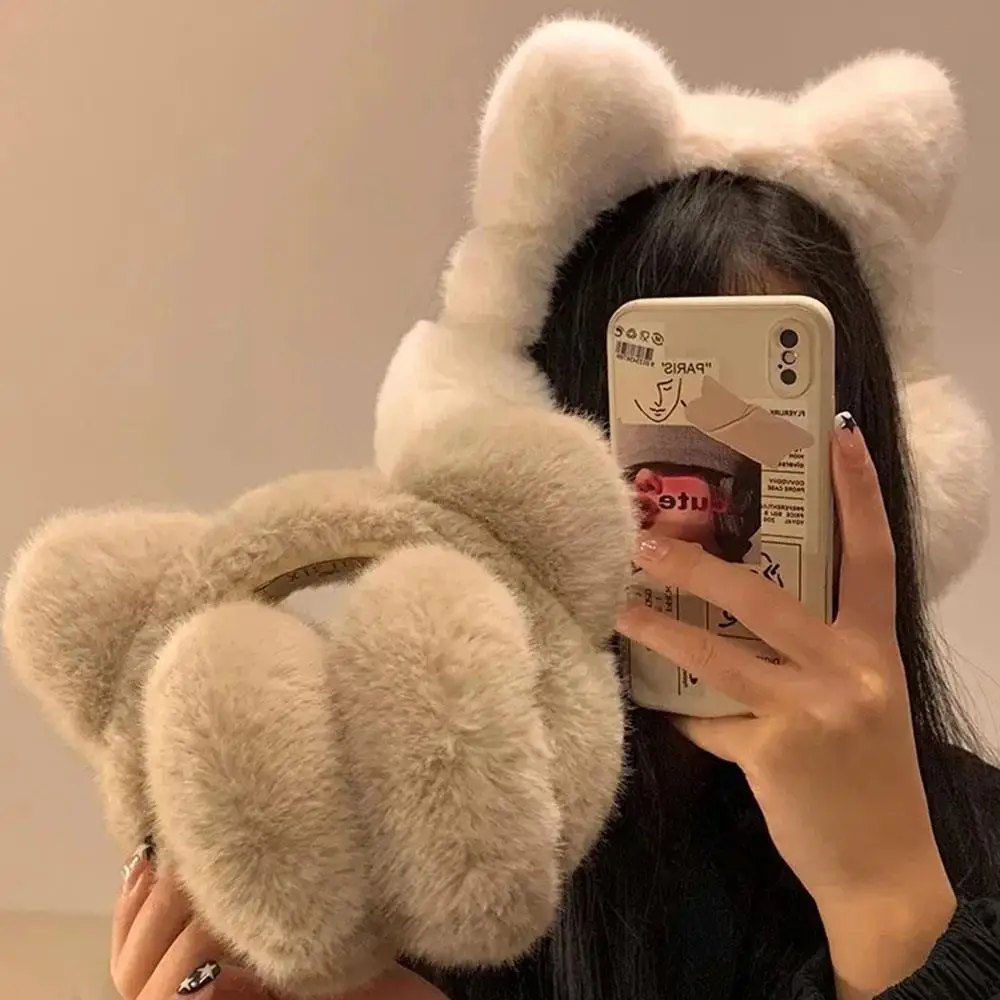 Windproof Ear Cover Retractable Plush Ear Warmers Foldable Cat Ear Earmuffs Fluffy Solid Color Cute Warm Winter Ear Protection