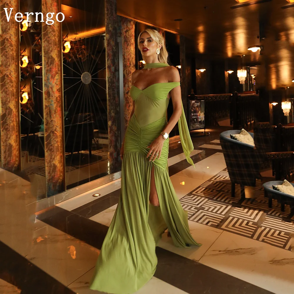 

Verngo Elegant Green Crep Evening Dresses Off The Shoulder Mermaid Prom Gowns Women Sexy Side Slit Party Dress Customized