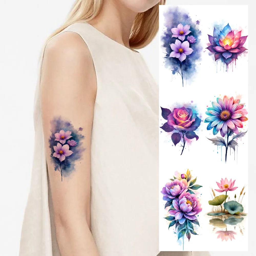 

9pcs Temporary Tattoo Hibiscus Waterproof Long-lasting Body Stickers Green Flower Lotus Watercolor Purple Orchid For Girls