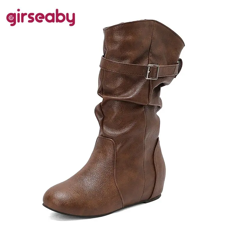 

Girseaby2025 Женские повседневные ботинки до середины икры с круглым носком и застежкой-молнией на каблуке 4 см, большой размер 44 46 47 48 49 50 Коричневый Желтый Красный