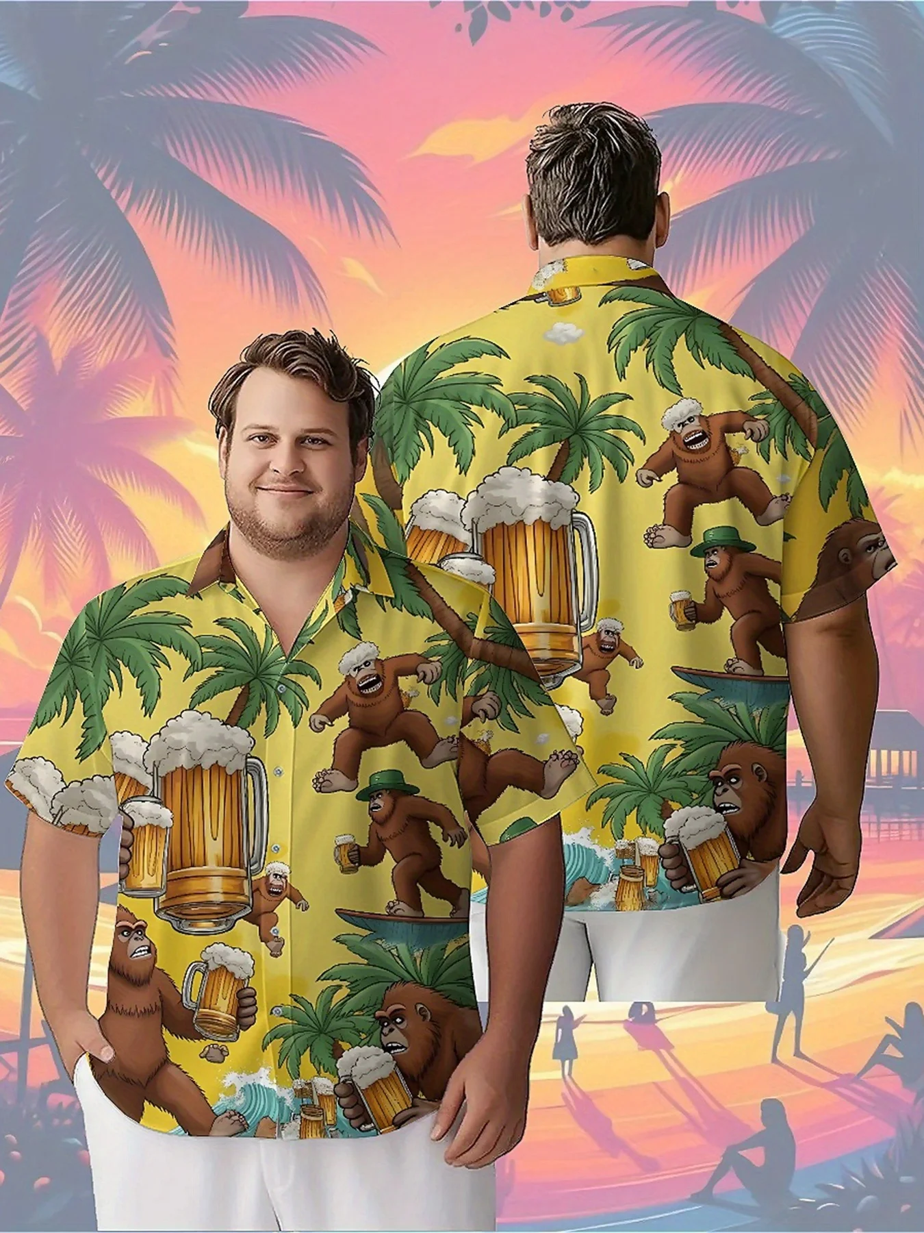 

Men's Plus Size Hawaiian ShirtsJungle Carnival Gorilla Beer Partypattern, Unisex Aloha Shirts,New in Summer Tops Tee,streetwear