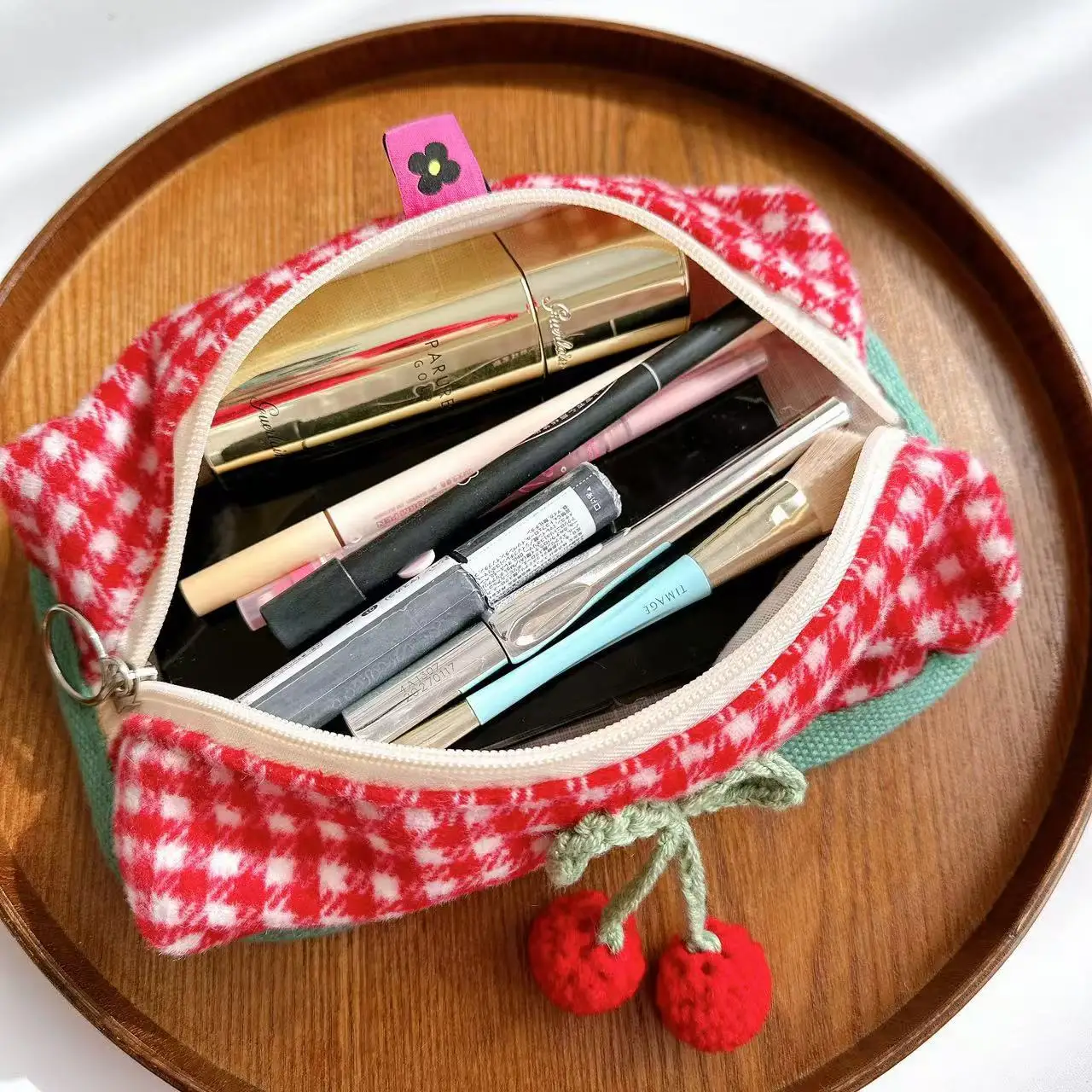 Cherry Pencil Case Plush Storage Bag Large Capacity Makeup Pouch Portable Plaid Cosmetic Clutch Stationery Bag Travel Outdoor