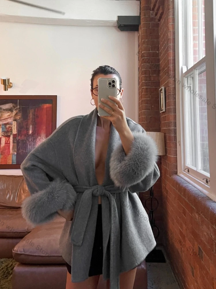 Women's Elegant Fur Trim Coat Fur Cuff Soft Wool Blend Coat Belted Autumn Winter Coat Old Money Style Natural Fur Coat Loose Fit