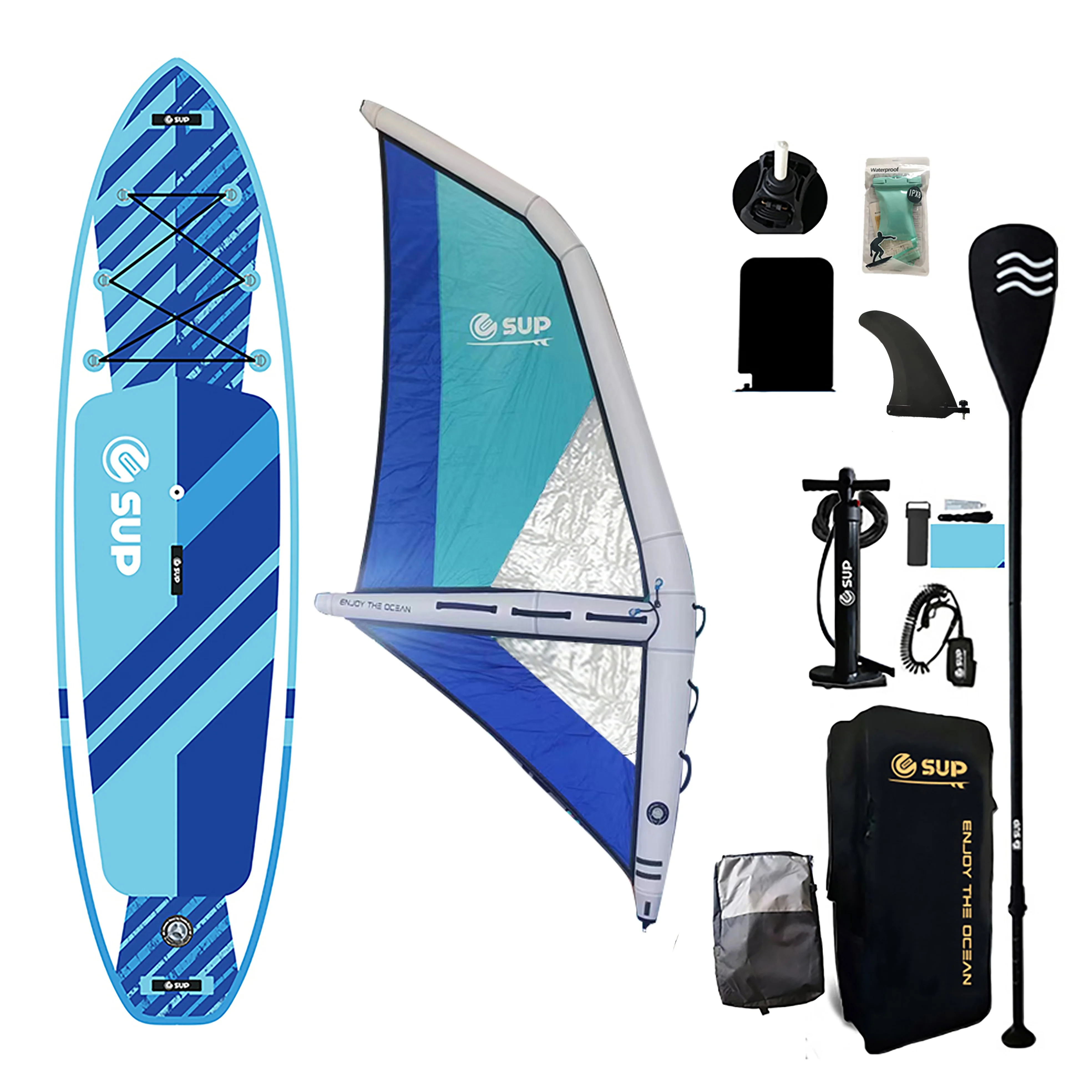 Opblaasbaar dubbellaags Kite Surf SUP-board met Premium Wing Sail-Blue Dropstitch PVC