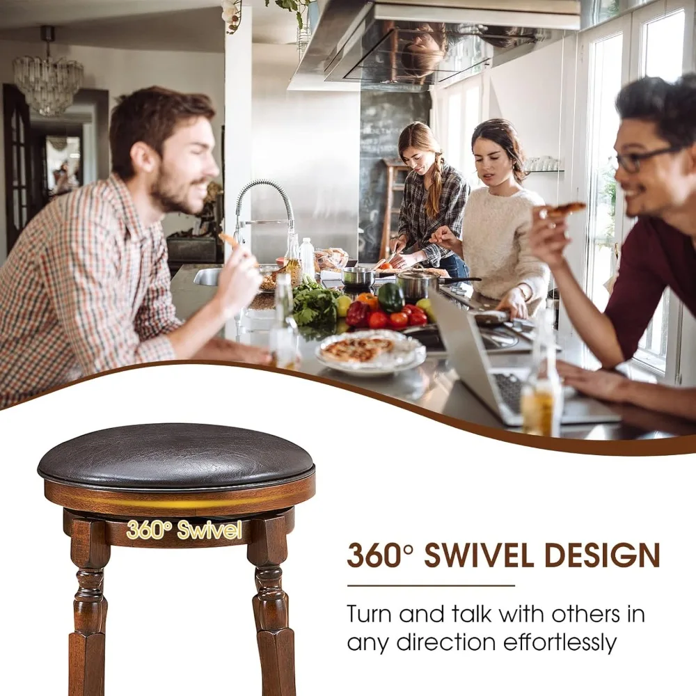 Conjunto de 2 peças de banco de haste giratória de 24 polegadas, madeira de borracha, marrom