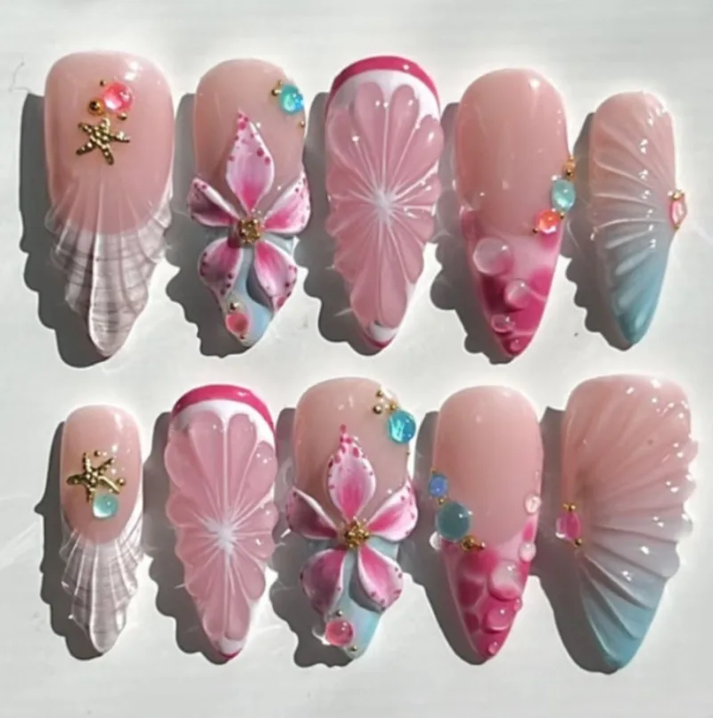 24PCS Almond Press on Nails Summer Pink 3D Flowers Shell Starfish Fake Nails for Women Blue Gradient French Beach False Nails